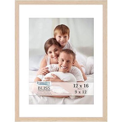 Icona Bay 12x16 Light Oak Picture Frame Fits 11x15 Photos with Mat to 9x12 Image, Modern Style Wood Composite Poster Frame, Wall Mount Only, Bliss Collection
