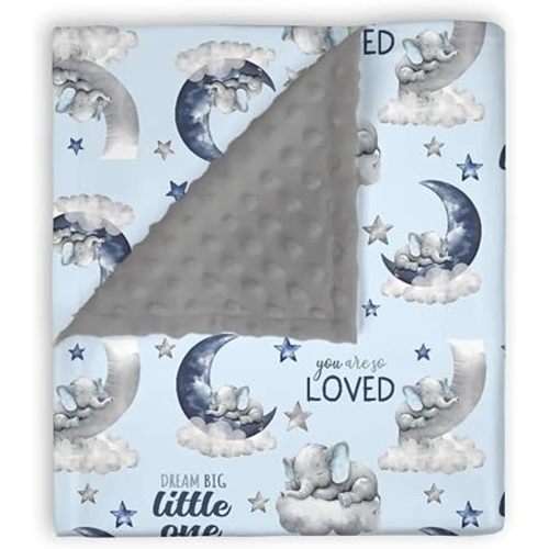 Mink Baby Boy Blankets Navy Blue Gray Elephant, Dream Big Little You Are So Loved Double Layer Dotted Backing Receiving Swaddle, Newborn Infant Toddler Nursery Crib Bedding Shower Gift 30 x 40
