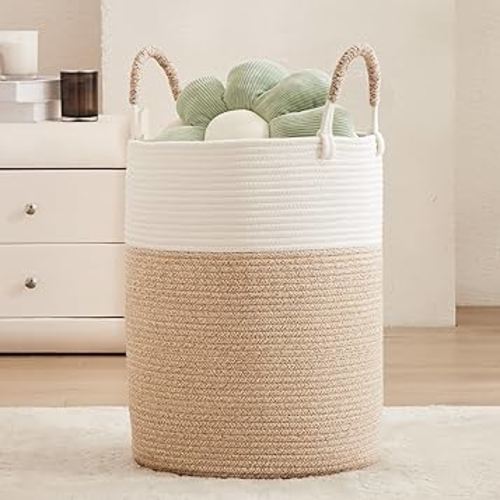 Laundry Basket Woven Rope Hamper, 60L Tall Clothes Hamper, Blanket Basket in Living Room, Baby Nursery Kid Hamper in Bedroom, Brown
