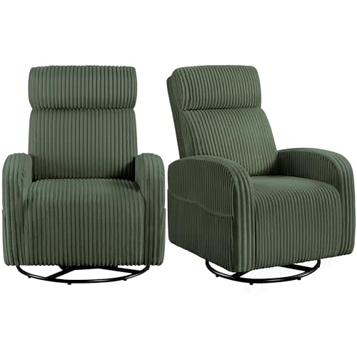 Yaheetech 360° Swivel Glider Chair for Nursery, Rocking Chair Nursing Chair with Side Pockets, Corduroy Glider for Living Room with High Back Dark Green Set of 2