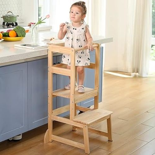 Mother's Helper Adjustable Height Kitchen Step Stool, Kids Helper Learning Stool Toddler Tower with Safety Rail for Kitchen Counter, Montessori Stool (Natural)