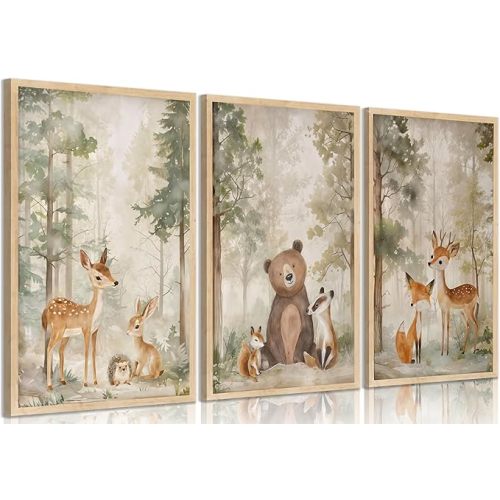 MIZILI 3Pcs Woodland Animal Nursery Canvas wall art Wild Animals Forest Paintings Pictures Wall Decor Fox Bear Deer Watercolor Poster Printing Artwork for Boys Room Girls Room Home Decoration