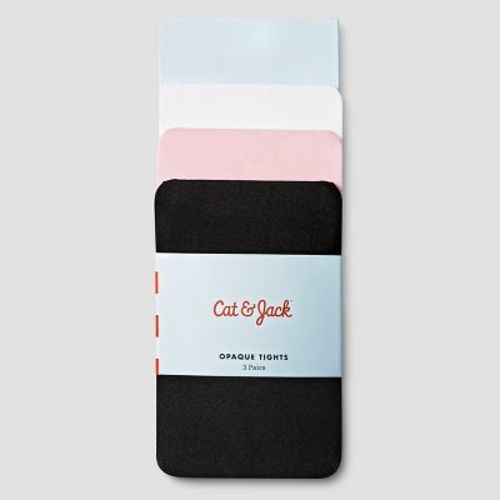 Toddler Girls' 3pk Solid Opaque Tights - Cat & Jack™ Black/White/Pink 2T-3T: High Waisted, Knit, Elastic Waistband, Machine Washable