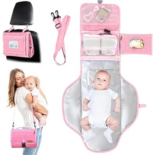 Portable Diaper Changing Pad - Baby Diaper Changer Travel Bag with Wipes Pocket, Smart Design Portable Changing Mat, Infant Travel Station Kit, Gift for Newborn Girl & Boy (Pink)