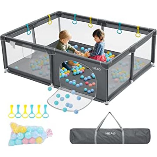 HEAO 79x59” Baby Playpen XXL Light Playard with Gate Travel Bag &30PCS Pit Balls Indoor & Outdoor Toddler Playpen Sturdy Safety Baby Playard Dark Grey