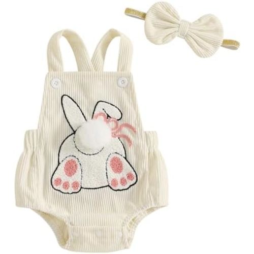 Baby Girl Easter Outfit Newborn Infant Sleeveless Bunny Strap Romper with Headband Corduroy Rabbit Clothes