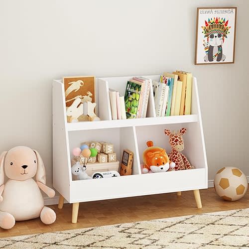 White Bookcase Bookshelf Rack with 5 Compartments and Legs, Freestanding Shelves and Cube Organizer for Bedroom Living Room Office Closet School