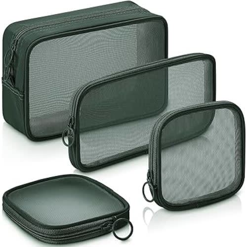 Weewooday 4 Pcs Mesh Makeup Bag Mesh Cosmetic Bag Travel Toiletry Bag Pouch with Zipper Mini Portable Makeup Cosmetic Travel Toiletry Purse Bag for Daily Accessories (Olive Green,Small, Large, Medium)