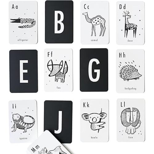 Wee Gallery Educational Flashcards for Babies, Black and White Animal Alphabet, Durable Double Sided Learning Flash Cards, Visual Stimulation, Cognitive Development, Baby, Toddler, Preschool Activity