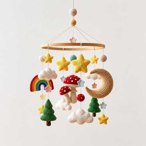 Crochet Forest Baby Mobile, Woodland Nursery Decor, Mushroom Crib Mobile, Rainbow Moon Stars Mobile, Fantasy Baby Shower Gift
