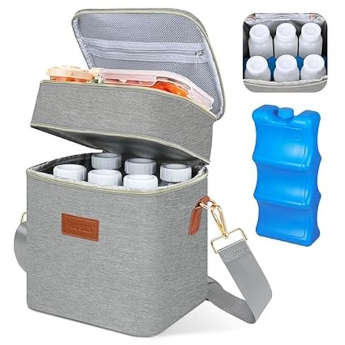 Breastmilk Cooler Bag with Ice Pack Fits 6 Baby Bottles Up to 9 Ounce, Insulated Baby Bottle Tote Bags, Double Layer Waterproof Leak-Proof with Shoulder Strap for Nursing & Working Mom (Grey)