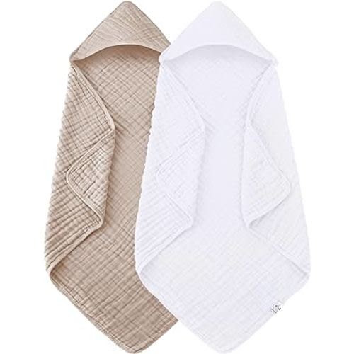 2 Pack Hooded Baby Towels - 100% Muslin Cotton for Newborns, Infants, Toddlers - Large 32x32Inch Size - Highly Absorbent and Essential for Newborn Care, White and Brown