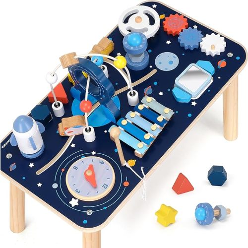 Pillowhale Montessori Activity Table for 1 Year Old, Wooden Activity Center Sensory Learning Table with Bead Maze, Shape Sorter, Spinning Gears & More, Early Development Toy for Kids 12m+