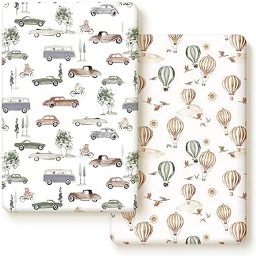 Pack n Play Sheets FItted 2 Pack, Stretchy Ultra Soft Jersey Knit Pack and Play Sheets, Universal Fitted Portable/Mini Crib Mattresses Snug and Safe, Stylish Cars Print for Boys and Girls