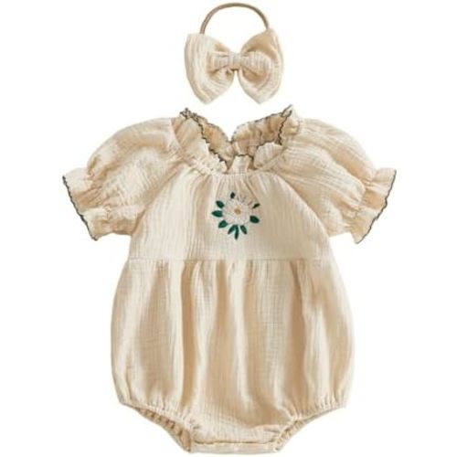Newborn Baby Girl Linen Summer Clothes Bubble Romper Puffle Sleeve Bodysuit Jumpsuit Cute Infant Girls One Piece