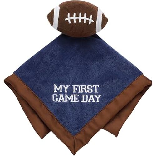 Plush 13 in. Snuggle Buddy Blanket with Rattle and Satin and Embbroidery, My First Game Day Football for Baby (Navy Blue and Brown)