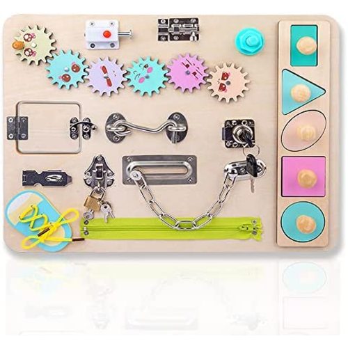 Wooden Montessori Busy Board for Toddlers - Sensory Activity Play Set Educational Toys Preschool Learning for 1-3 Year Old Kids