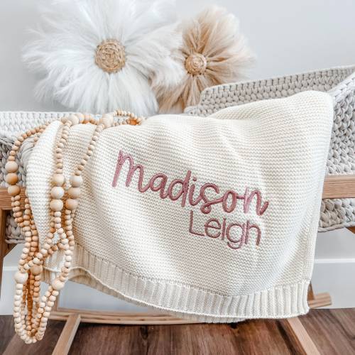 Knitted Baby Blanket, Embroidered Baby Name Blanket, Cotton Baby Blanket, Personalized Baby Blanket, Newborn Name Blankie, Baby Girl Blanket
