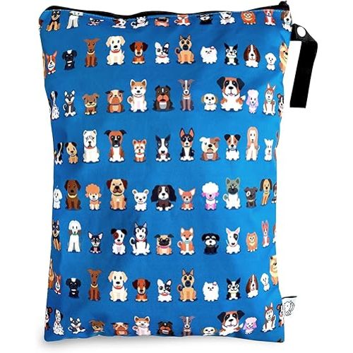FLOCK THREE Washable and Reusable Wet Bag Diaper Bag Water Resistant Swimming Bag Travel Toiletries Pouch Cute Dog Print Zippered 12.6'' x 16.5''