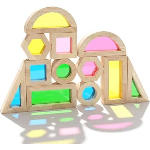 WOODENFUN Wooden Building Blocks Set for Kids, 12 Pcs Rainbow Stacker Game