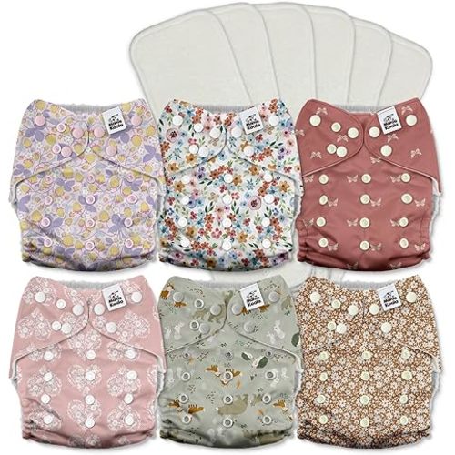 Mama Koala 3.0 Pocket Cloth Diapers for Babies with AWJ Lining, 6 Pack with 6 5-Layer Natural Cloth Diaper Inserts - Reusable and Washable Pocket Diapers(A-Wild Flowers)