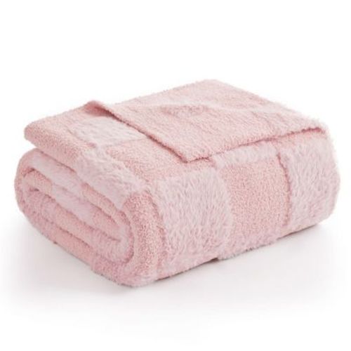 Snuggle Sac Faux Fur Checkered Throw Blanket, Fluffy Feather Yarn Blend Bedding Blankets for Couch or Bed