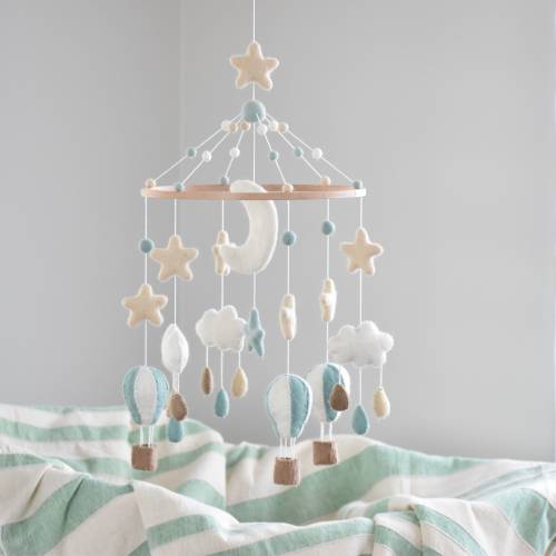 Hot Air Balloon Nursery Mobile, Cloud Baby Mobile, Crib Balloon Mobile, Baby Boy Cot Mobile, Mint Mobile for Baby, Felt Baby Mobiles Cloud