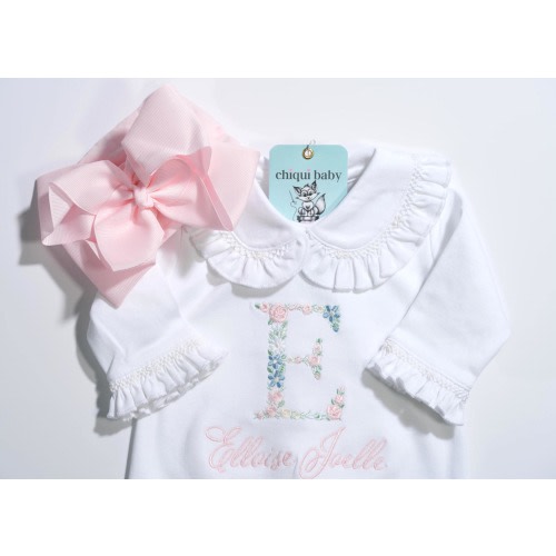 Smocked Bows Romper Coming home, Luxury footie embroidery details, hospital outfit photograph, shower gift,Pink, 100% Pima