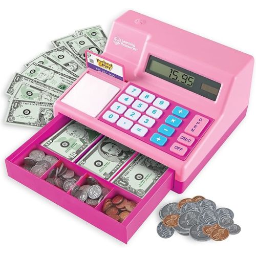 Learning Resources Pretend & Play Calculator Cash Register Pink - 73 Pieces, Ages 3+, Cash Register for Kids, Play Money for Kids, Toddlers Toys, Toy Register, for Kids