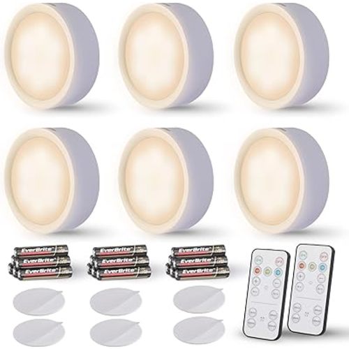 EverBrite Puck Lights, Battery Operated Lights, with Remote Control, Under Cabinet Lighting Wireless, Dimmable Closet Lights with Timer, Battery Included (6-Pack)