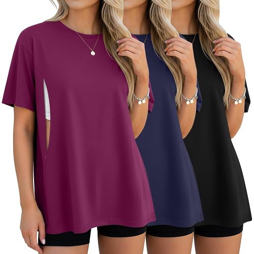 Sweetyweee 3 Pack Women's Oversize Nursing Breastfeeding Shirts Hidden Zipper Short Sleeve Loose Fit Maternity Tops