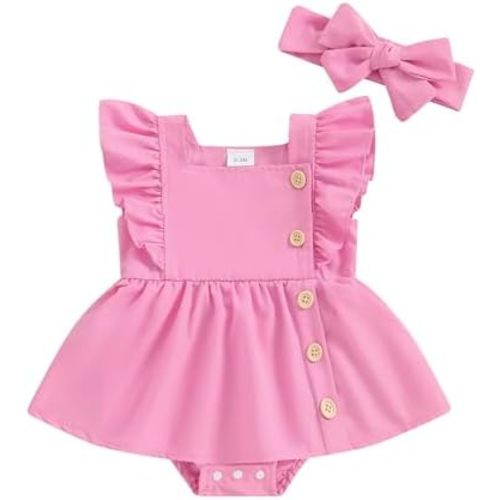 Madjtlqy Toddler Baby Girl Summer Clothes Ruffled Sleeves Solid Color Flower Romper Dress Newborn Outfits with Headband