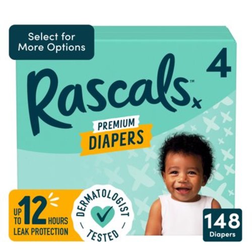 Rascals Premium Absorbent Baby Diapers Size 4, 148 Count
