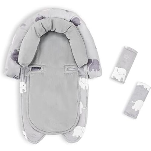 Baby Car Seat Head Support with Extra Headrest, 2-in-1 Babybody Supports with Shoulder Pads Set for Newborn, Adjustable Infant Car Seat Insert Compatible with Stroller, Baby Swing, (Grey Elephant)