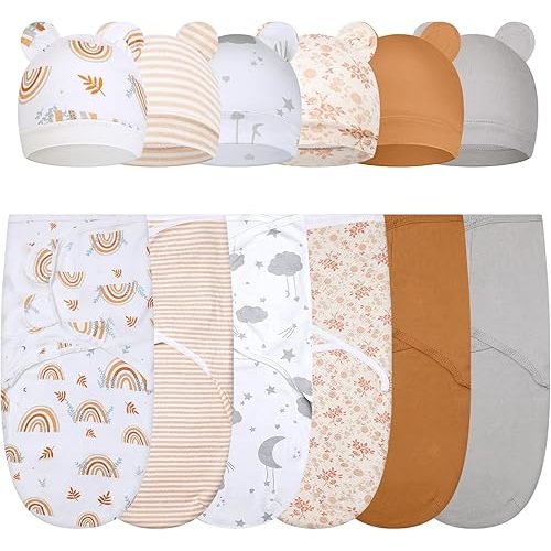 Ramede 6 Pack Baby Swaddle Blanket with Hats Sleep Swaddle for 0-3 Months Newborn Sacks Soft Cotton Wearable for Boy Girl