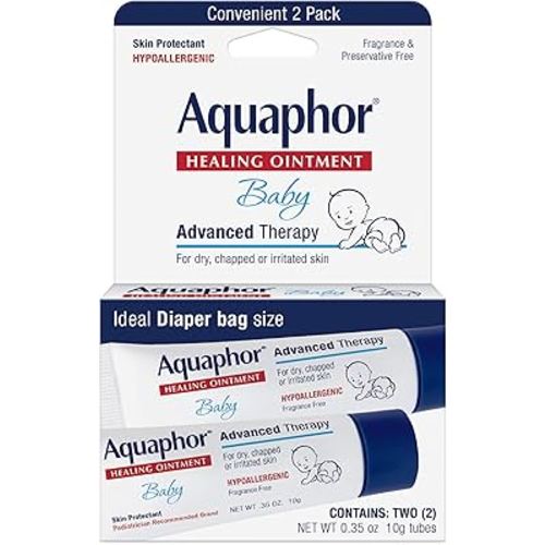 Aquaphor Baby Healing Ointment Advanced Therapy Skin Protectant for Chapped or Dry Skin, Drool Rash and Diaper Rash Ointment, Hypoallergenic Baby Essentials, Travel Size, 0.35 Oz Tube, Pack of 2