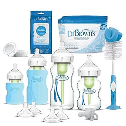 Dr. Brown's Anti-Colic Options+ Wide-Neck Glass Baby Bottle Starter Set with Silicone Glass Bottle Sleeves, Bottle Brush, HappyPaci, and Bottle Wipes, 0m+ (Packaging May Vary)
