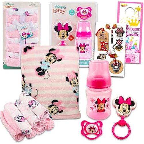Disney Minnie Mouse Baby Gift Set, Baby Shower Gifts Girls Neutral - 12 Pc Newborn Essentials Bundle with Blanket, Towels, Rattle, Bottle, Pacifier, Scrapbook Stickers, More