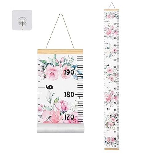 Canvas Kids Growth Chart for Wall, Floral Height Measurement Tracker, 79”x7.9” Pink