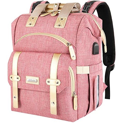 Jiefeike Diaper Bag Backpack, Pink Baby Girls Diaper Bag for Mom, Travel Baby Bags Backpack for Women, Insulated Pockets Portable toddler diaper bag with USB Charging Port, RFID Anti-Theft Pocket