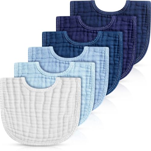 Frienda 6 Pcs Muslin Bibs Burp Cloths for Baby Teething Bandana Bibs 6 Absorbent Layer for Baby Boy Girl Cotton Burping Cloth(Blue Series)