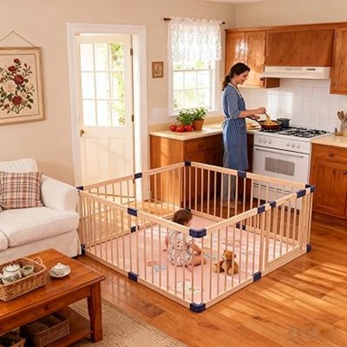 Wooden Baby Playpen,Playard for Babies and Toddlers, Corrales para Bebes, Kids Gate Playpen,Large Play Yards Baby Fence Play Area(63x71x24inch),31sq. ft
