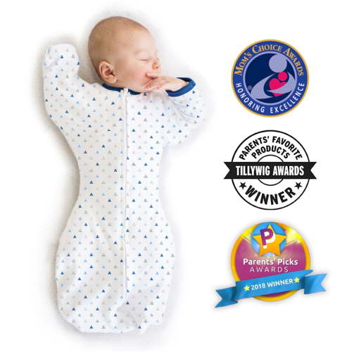 SwaddleDesigns Transitional Swaddle Sack with Arms Up Half-Length Sleeves and Mitten Cuffs, Better Sleep for Baby Boy, Tiny Triangle Shimmer, Blue, Medium, 3-6 Mo, 14-21 lbs