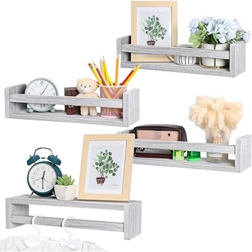 Set of 4 Nursery Book Shelves Floating Bookshelves Nursery Shelves for Wall Book Shelf Organizer Bathroom Storage Rack for Wall Decor(16 in,White Wash)