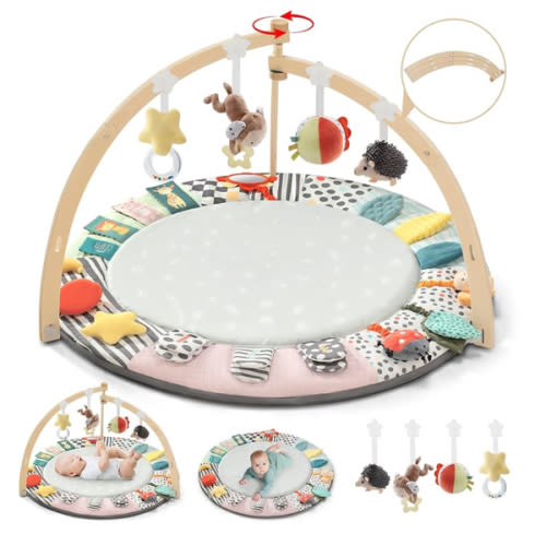 Baby Play Mat Activity Gym,6 Developmental Zones Tummy Time Mat, Foldable Wooden Baby Play Gym with 7 Detachable Sensory Toys for Newborn Brain Development, Essential Baby Shower Set