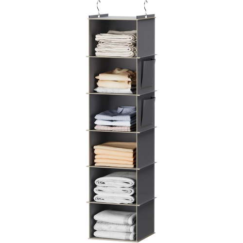 YOUDENOVA Hanging Closet Organizer, 6-Shelf Cloth Hanging Storage with Side Pockets,Grey