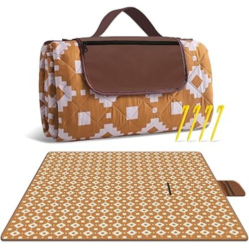 bopoobo Large Picnic Blanket, 80”x80” Waterproof Foldable Beach Blanket with 3-Layer Thick Rug, Pocket & 4 Stakes, Handy Picnic Mat Tote Perfect for Camping, Beach, Hiking, Grass, Machine Washable