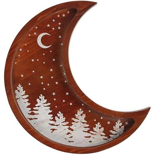 Forest Crescent Moon Tray - Crystal Holder Trinket Jewelry Display Ring Woodland Nursery Mountain Decor Boho Home Desk Nature Withcy Wooden Tray, Brown
