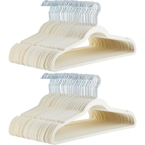 Amazon Basics Slim, Velvet, Non-Slip, Space-Saving Suit Clothes Hangers, Pack of 100, Ivory/Beige