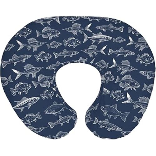 Navy Freshwater Fish Nursing Pillow Covers for Boy Girl Bass Carp Trout Salmon Lake Nursing Pillow Slipcovers for Breastfeeding Pillows Fishing Lover Gift Soft Stretchy Cover for Newborn Infant